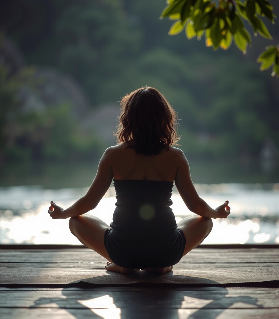 A person meditating in a tranquil setting, surrounded by soft light and natural elements.