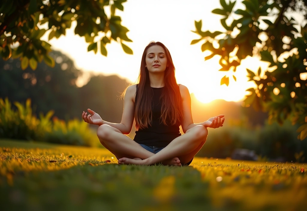 Woman meditating in a serene outdoor setting at sunrise
